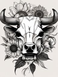 Cow skull and sunflowers ink: Rustic beauty, natural simplicity.  black and white tattoo style