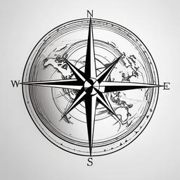 Compass and World Tattoo - Compass tattoo with a world map.  simple vector tattoo,minimalist,white background