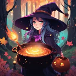 Kawaii anime witch with a pointed hat and a bubbling cauldron, conjuring colorful spells in a magical forest.  front facing ,centered portrait shot, cute anime color style, pfp, full face visible