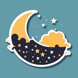 Moon with Stars and Clouds Sticker - Crescent moon amidst stars and clouds, ,vector color sticker art,minimal