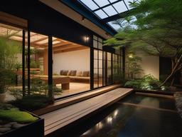 The greenhouse showcases Japanese Zen interior design with natural materials, simple aesthetics, and ample light that create an inspiring environment for gardening and plant care.  