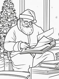 Santa Reading Letters Coloring Pages - Checking His Christmas List Twice  minimal black outline printable sheet, coloring page