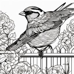 Finch Tattoo - Finch perched on a colorful garden fence  few color tattoo design, simple line art, design clean white background