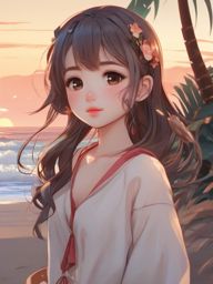 Cute chibi character at the beach. , aesthetic anime, portrait, centered, head and hair visible, pfp