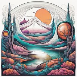 Surreal alien landscape, featuring strange landscapes and alien creatures, a window into an imaginary extraterrestrial world.  colored tattoo style, minimalist, white background