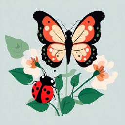 Butterfly and Ladybug clipart - Butterfly and ladybug on a flower, ,vector color clipart,minimal