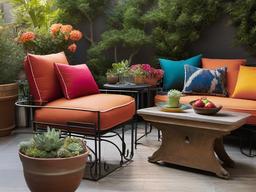 The outdoor patio embraces vintage interior design with wrought-iron furniture, colorful cushions, and potted plants that create a cozy space for relaxation and socializing.  