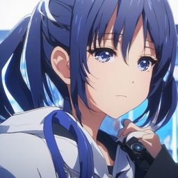 Girl with indigo twin-tail hair in a tech-savvy anime school.  close shot of face, face front facing, profile picture, anime style