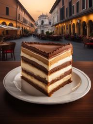 rich tiramisu cake served at an italian bistro, overlooking a bustling piazza. 