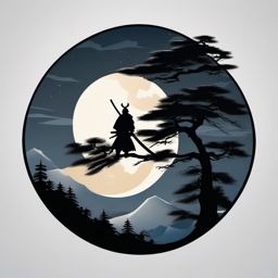 Ronin samurai tattoo against moonlit sky, embodying wisdom.  color tattoo,minimalist,white background