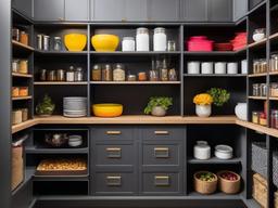 The pantry showcases maximalist interior design with organized shelves, vibrant food containers, and colorful accents that make food storage both practical and visually engaging.  