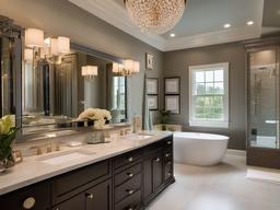 A master bathroom with Regency interior design incorporates luxurious fixtures, elegant finishes, and tasteful accents that transform the space into a sophisticated retreat for relaxation.  