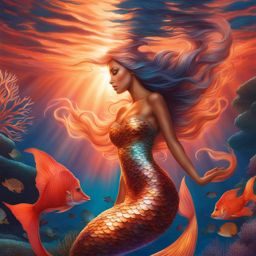 graceful mermaid with shimmering scales swimming through a coral reef at sunset. 