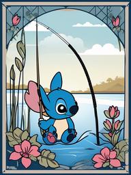 Stitch clipart - Stitch with a fishing rod at the lake  color,minimalist,vector clipart