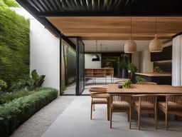 Biophilic interior design in the outdoor patio features natural stone flooring, wooden furniture, and surrounding greenery, providing a seamless transition between indoor comfort and outdoor tranquility.  