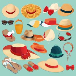 Sun Hat and Sandals clipart - Essential summer accessories, ,vector color clipart,minimal