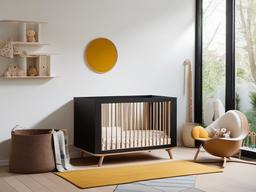 Bauhaus nursery includes simple crib designs, geometric patterned rugs, and minimalist storage, offering a practical and visually harmonious space for a baby.  