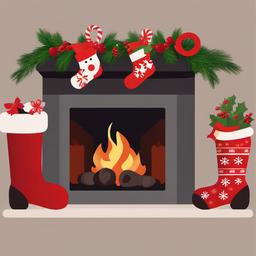 December clipart - cozy fireplace with Christmas stockings  color,minimalist,vector clipart