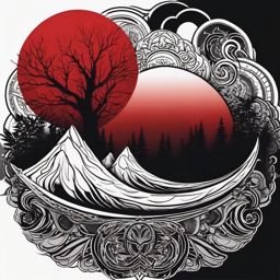 Blood moon rises, marking a deathly eclipse in the tattoo.  black and white tattoo style