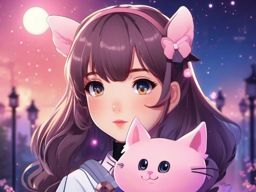 Kawaii magical girl with a talking animal companion.  front facing ,centered portrait shot, cute anime color style, pfp, full face visible