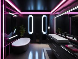 A bathroom with cyberpunk interior design incorporates illuminated mirrors, dark tiles, and high-tech fixtures, transforming the space into a sleek urban oasis.  