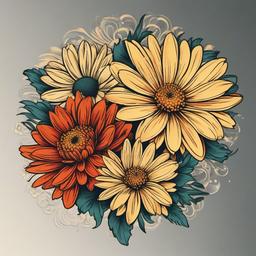 Chrysanthemum and Daisy Tattoo-Unity of positivity with the simplicity of daisies in a floral tattoo, radiating joy and beauty.  simple vector color tattoo