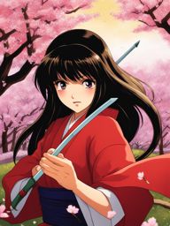 kagome higurashi fires a sacred arrow at menacing youkai amidst cherry blossoms. 