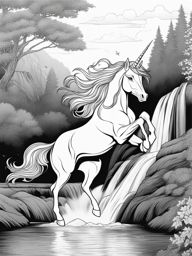 unicorn coloring pages - majestic unicorn leaping gracefully over a cascading waterfall, its silvery mane flowing in the mist. 