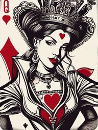 Queen of Hearts Playing Card Tattoo-Creative and playful tattoo featuring the queen of hearts playing card, perfect for fans of card games and love symbolism.  simple color vector tattoo