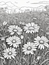 Oxeye Daisy coloring page sheet - Oxeye daisies scattered across a summer meadow.  black outline printable coloring page