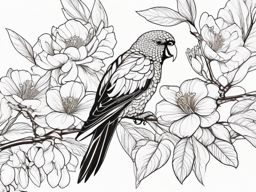 Lorikeet Tattoo - Lorikeet feeding on nectar from vibrant blossoms  few color tattoo design, simple line art, design clean white background