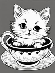 Kitty in a Teacup Coloring Pages - Tiny Kitten Sitting in a Teacup  minimal black outline printable sheet, coloring page