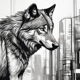 drawing of a wolf in urban jungle  minimal rough sketch scribbles,doodles,black and white