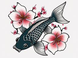 Cherry Blossom Koi Tattoo - Traditional and symbolic, a fusion of koi fish and cherry blossoms in Japanese tattoo art.  simple color tattoo,white background,minimal