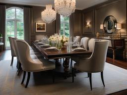 The dining room embodies Regency interior design with a grand table, upholstered chairs, and a striking chandelier that transforms meals into an elegant and memorable experience.  