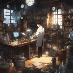 rintarou okabe experiments with time-travel gadgets in a cluttered laboratory. 