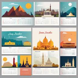 Calendar clipart - calendar with illustrations of famous landmarks  color,minimalist,vector clipart