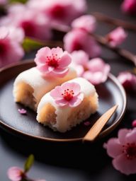 sakura mochi, japanese cherry blossom rice cakes, devoured under blooming sakura trees during hanami. 