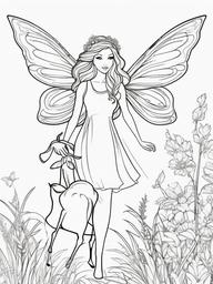 Fairy and a Fawn Coloring Pages - Fairy Walking with a Gentle Fawn  minimal black outline printable sheet, coloring page