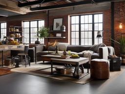 Industrial loft showcases open shelving, reclaimed wood accents, and metal furniture pieces that create a relaxed yet stylish atmosphere.  