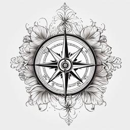 Compass with Flower Tattoo - Compass tattoo adorned with floral elements.  simple vector tattoo,minimalist,white background