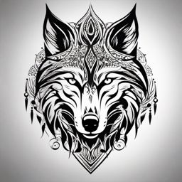 Tattoo Tribal Wolf,tribal masterpiece, where the wolf's spirit harmonizes with ancient symbols, story etched in ink. , tattoo design, white clean background