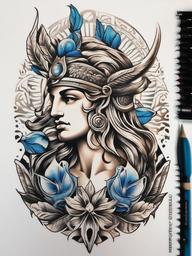 Greek God Tattoo - Explore the divine world of Greek mythology through a tattoo featuring various gods and goddesses like Poseidon, Athena, and Apollo.  simple color tattoo design,white background