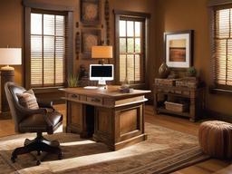 Southwestern home office combines earthy colors, rustic wood furniture, and decorative accents for a warm and inviting atmosphere.  