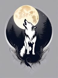 Wolf and Moon Tattoo,tranquil night with a wolf silhouetted against a radiant moon, peaceful guardian of the night. , tattoo design, white clean background