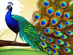 Peacock Cartoon - Cartoon of peacock displaying feathers  