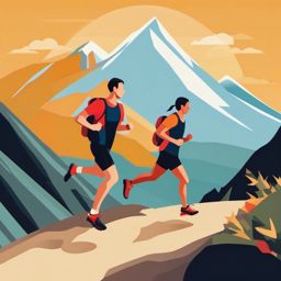 Mountain Trail Running Achievement Clipart - Trail runners reaching the summit after a challenging run.  color vector clipart, minimal style