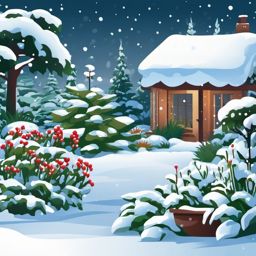 Snowy Garden clipart - Snow-covered garden with plants, ,vector color clipart,minimal