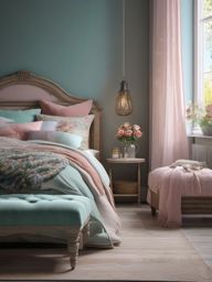 Shabby Chic Cozy Retreat - Embrace shabby chic style with distressed furniture and pastels. , bedroom interior decor design ideas, multicoloured, photo realistic, hyper detail, high resolution,