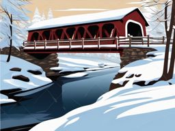 Snowy Bridge clipart - Scenic snow-covered bridge over a stream, ,vector color clipart,minimal